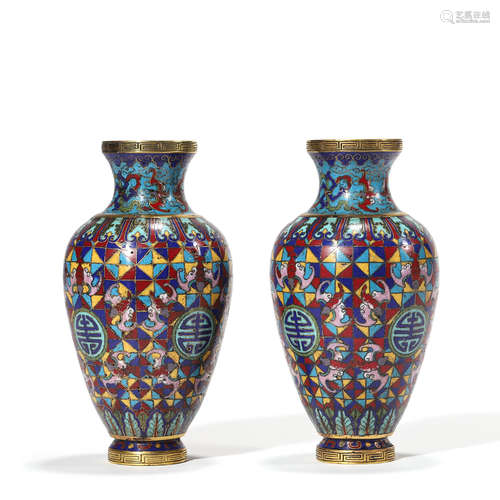 A PAIR OF CLOISONNE ENAMEL VATS VASES