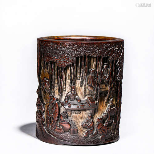 A CARVED BAMBOO FIGURE STORY BRUSH POT