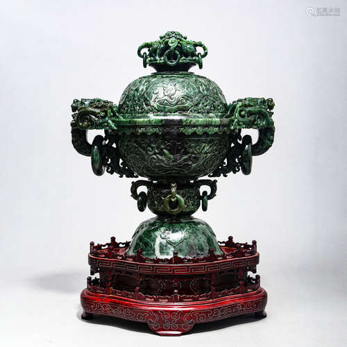 A SPINACH-GREEN JADE LOOP-HANDLE CENSER