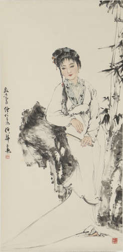 A CHINESE LADY PAINTING SCROLL, BAI BOHUA MARK