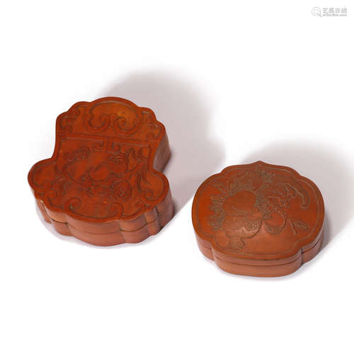 TWO CARVED BAMBOO BUDDHA CITRON AND POMEGRANATE BOXES AND CO...