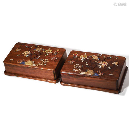 A PAIR OF WOOD FLOWER AND BIRDS RECTANGULAR BOXES AND COVERS