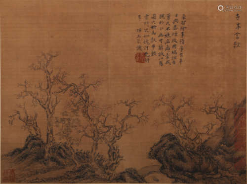 A CHINESE ORCHID&STONE PAINTING PAPER SCROLL, QI BAISHI MARK