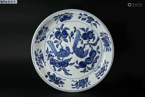 Qing Dynasty Blue and White Flower and Bird Plate