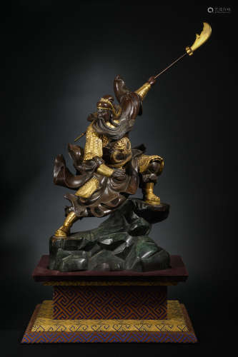 Qing Dynasty  Bronze inlaid gold statue of Guan Gong Buddha