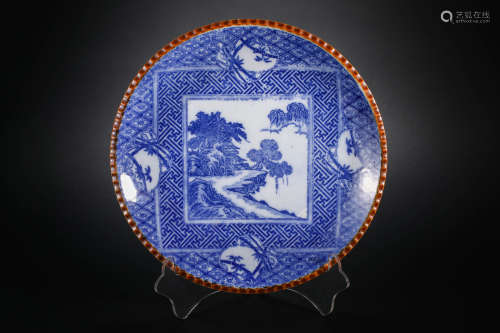 Qing Dynasty blue and white landscape story plate