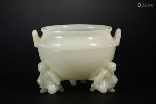 Qing Dynasty Hetian Jade Boy Three-legged Stove