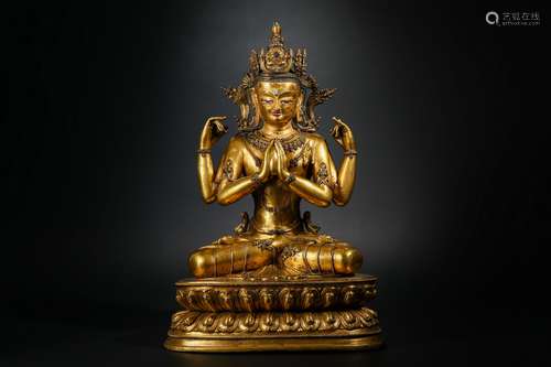 Qing Dynasty Gilt Bronze Four-arm Guanyin Buddha Statue