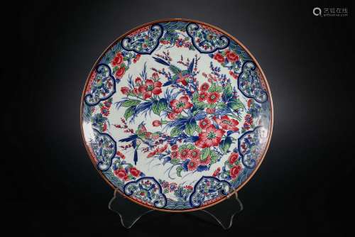 Qing Dynasty blue and white red glaze flower and bird plate
