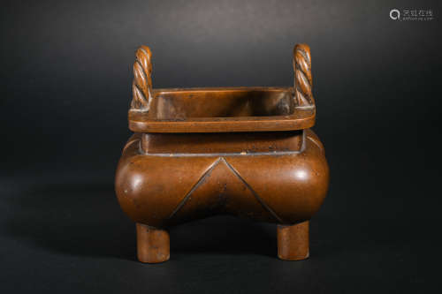 Ming Dynasty Bronze Four-legged Stove with Two Ears