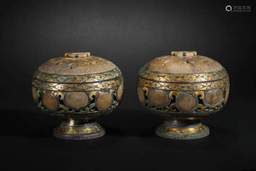 Han Dynasty Hetian jade inlaid with gold and silver jar