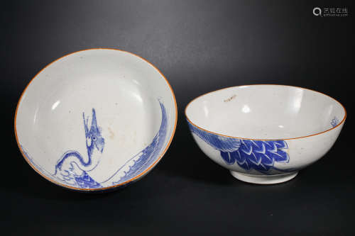 Qing Dynasty blue and white bowl with bird pattern