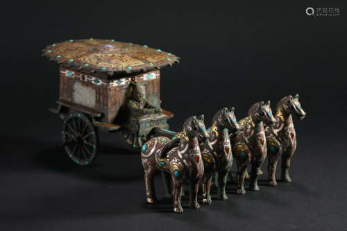Han Dynasty inlaid gold and silver horse drawn carriage