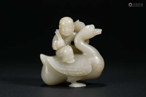 Qing Dynasty Hetian Jade Boy Riding a Crane