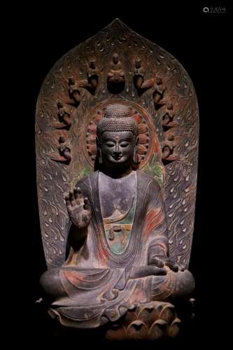 Tang Dynasty Bluestone Painted Sitting Buddha