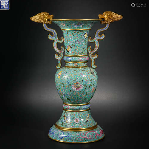 Qing Dynasty painted enamel flower dragon head statue Zun