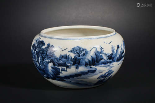 Qing Dynasty Blue and White Mountain Water Jar