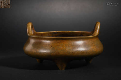 Ming Dynasty Bronze Three-legged Stove with Two Ears