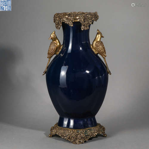 Qing Dynasty Blue Glazed Double Bird Statue