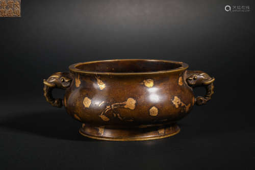 Ming Dynasty Copper Incense Burner Inlaid with Gold