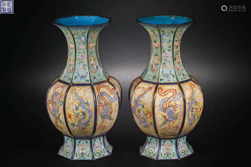 Qing Dynasty painted enamel dragon and phoenix vase