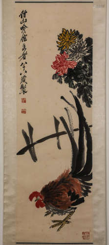 Chinese ink painting, Baishi's Smell the chicken vertical sc...