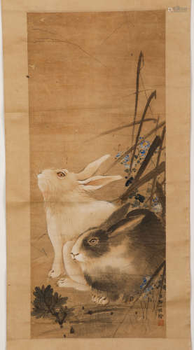 Chinese ink painting, Zou Yigui's rabbit vertical scroll