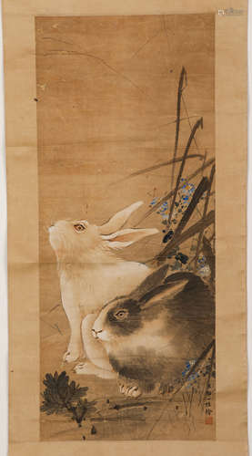 Chinese ink painting, Zou Yigui's rabbit vertical scroll