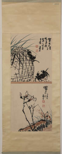 Chinese ink painting, Pan Tianshou's flowers vertical scroll