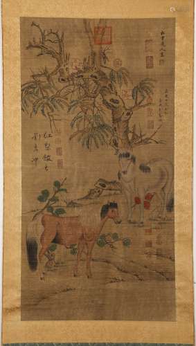 Chinese ink painting, Pine snow Taoist horse vertical scroll