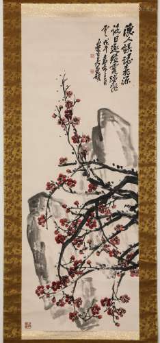 Chinese ink painting, Wu Changshuo's flower vertical scroll