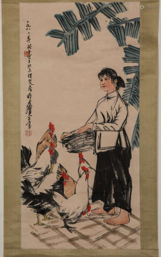 Chinese ink painting, Huang Zhou's  feeding chicken vertical...