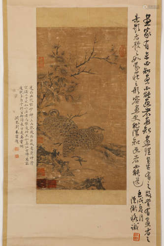 Chinese ink painting, Landscape on silk vertical scroll
