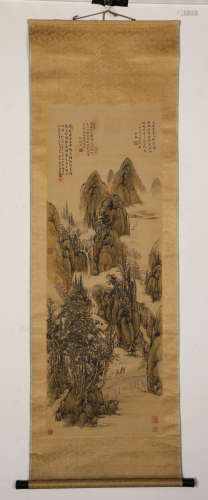 Chinese ink painting, Wang Jian landscape vertical axis scro...