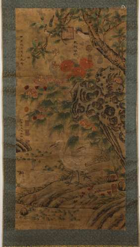 Chinese ink painting, Zhou Kegong's flower vertical scroll