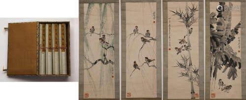 Chinese ink painting, Xu Beihong's  Four Sparrow Screens
