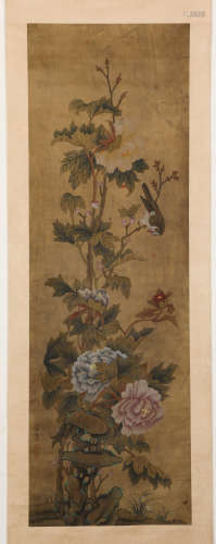 Chinese ink painting, Ma Quan's flower and bird vertical scr...