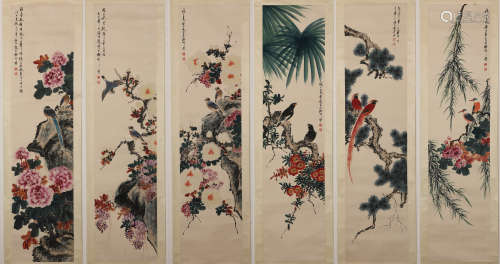Chinese ink painting, Yan Bolong’s flowers six screens