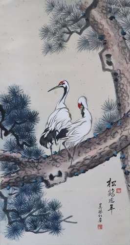 莫锡仁 -- 松鹤延年（原装旧裱）
番禺人，师从梁占峰大师，得其真传，...