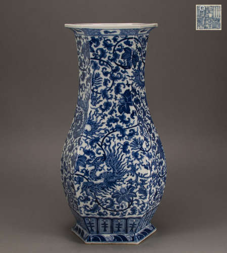 Qing - blue and white phoenix pattern hexagonal honour