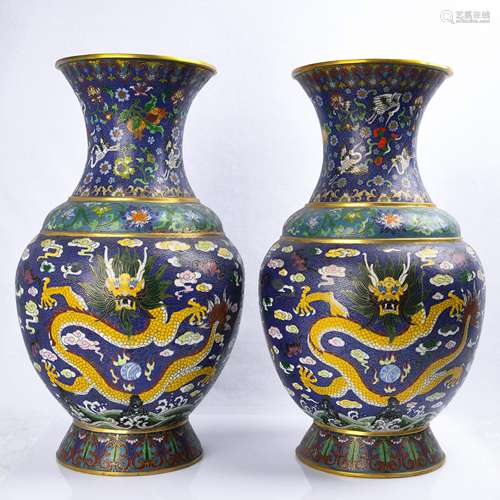 Qing - Cloisonne cloud dragon vase pair