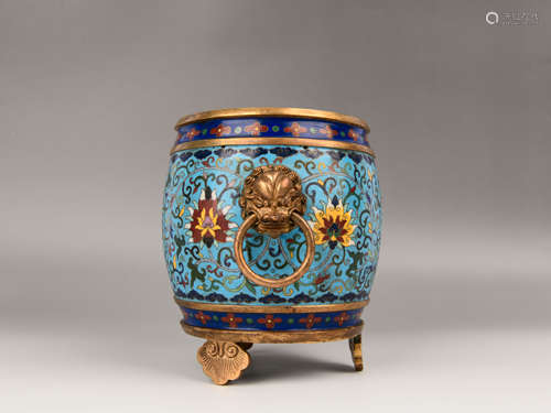 Qing - Cloisonne drum - shaped three-legged furnace