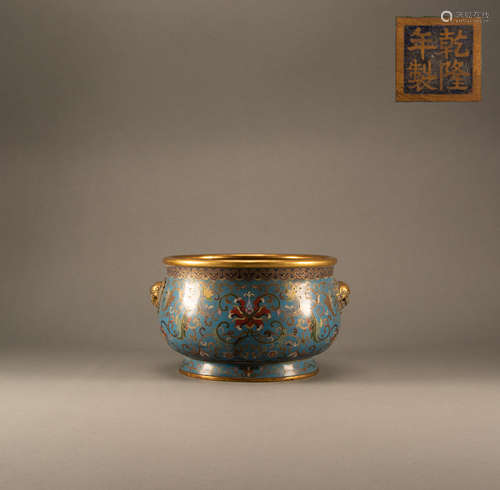 Qing - Bronze cloisonne gilt censer with beast ears