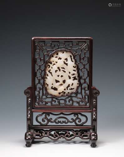 Qing - Red sandalwood inlaid and tian white jade chi dragon ...