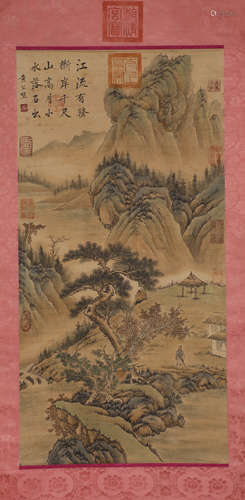 Yuan - Huang Gongwang landscape figures on silk axis