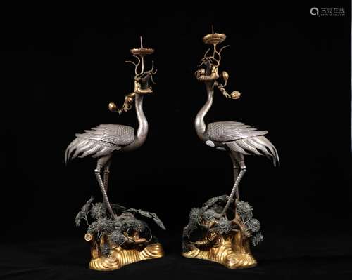 Tang - Sterling silver Gilt Crane Candlestick [a pair]