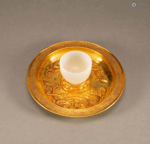 Tang - Pure gold double dragon white jade cup