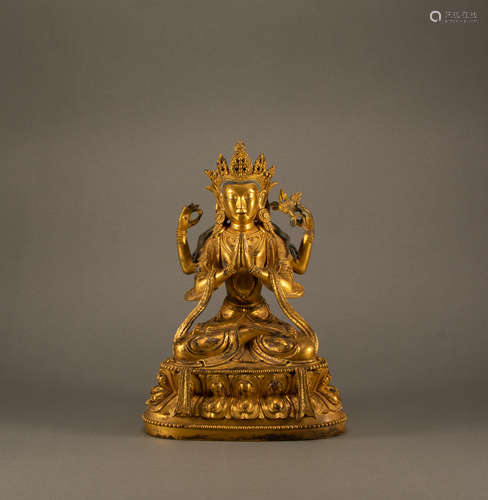 Qing - Bronze Gilt Four-arm Statue of Guanyin