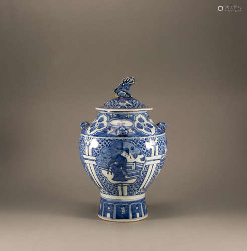 Ming - Blue and White Figure Jar With Animal Ears