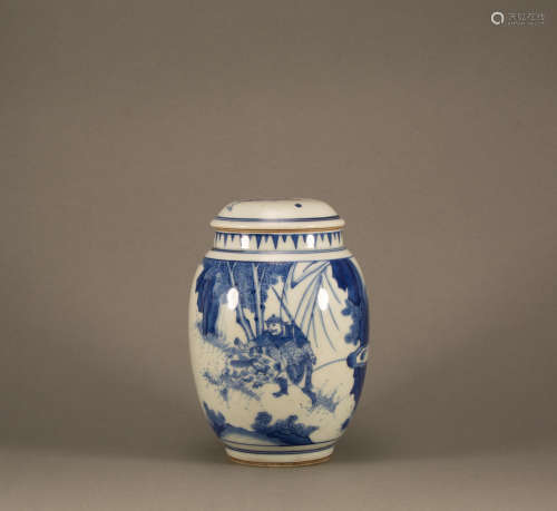 Qing  - Blue and White Figure Lid Jar